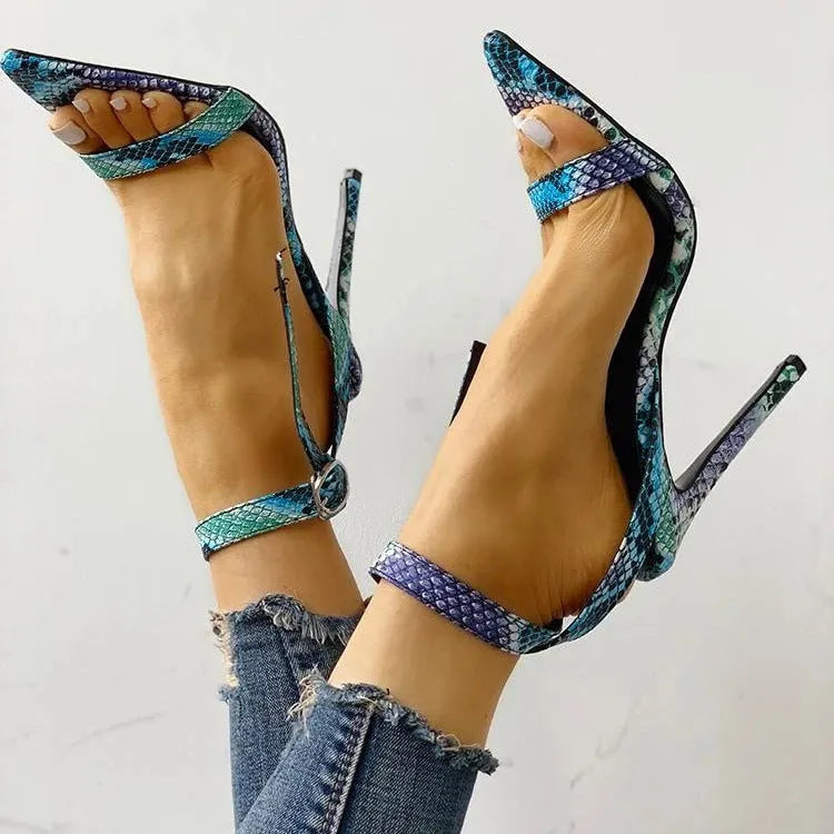 Blue women's high heels with buckle strap and hollow cut-out design on artificial PU leather upper