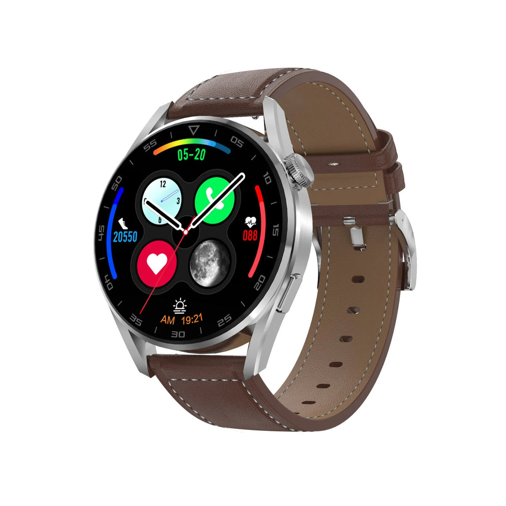 Smart watch with metal wristband and 1.3-inch screen showing Bluetooth call interface