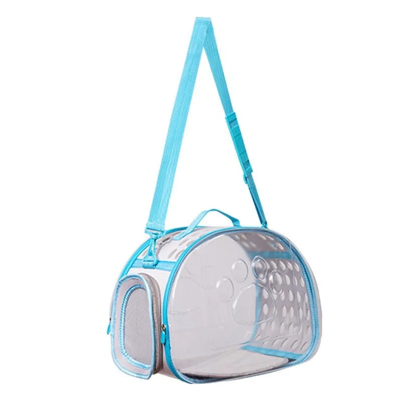 Large transparent hard-shell cat backpack carrier in grass green colour, showing dimensions.