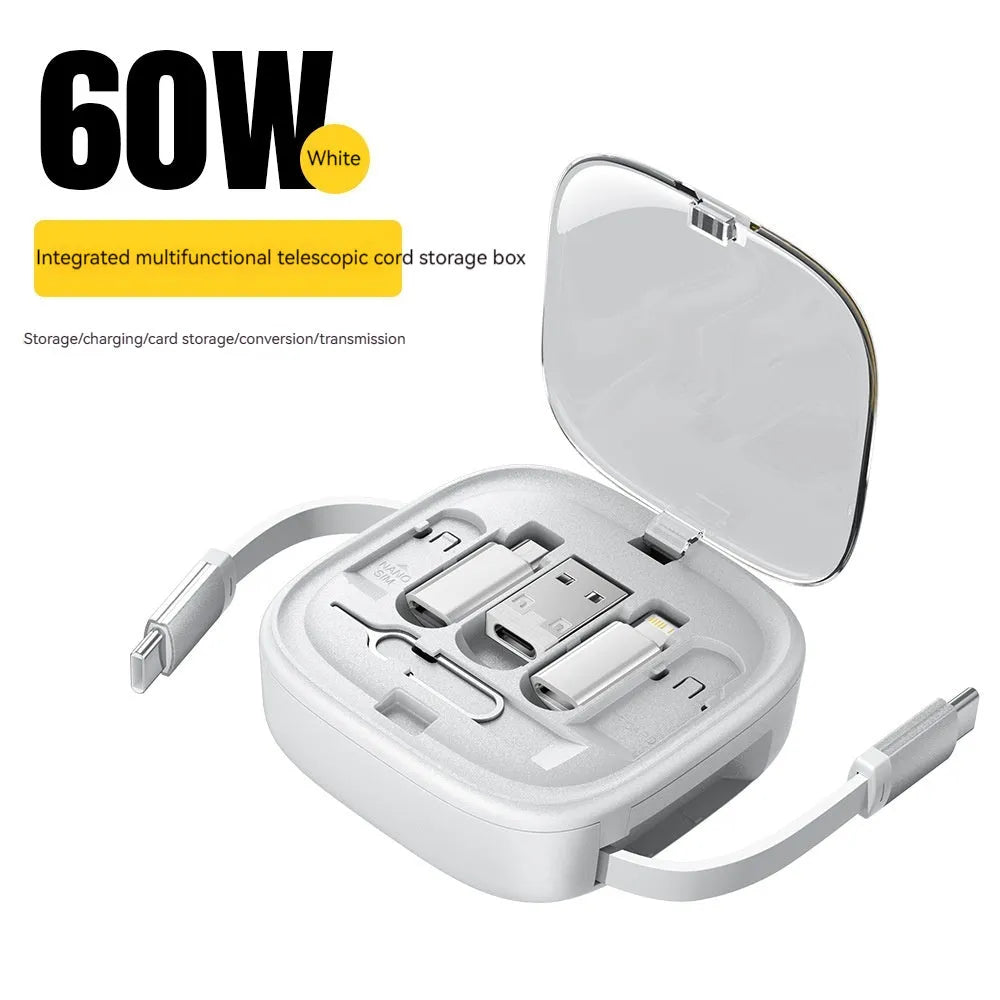 60W fast charging cable storage box in black, with adjustable 0.5-1m cable and multi-interface support
