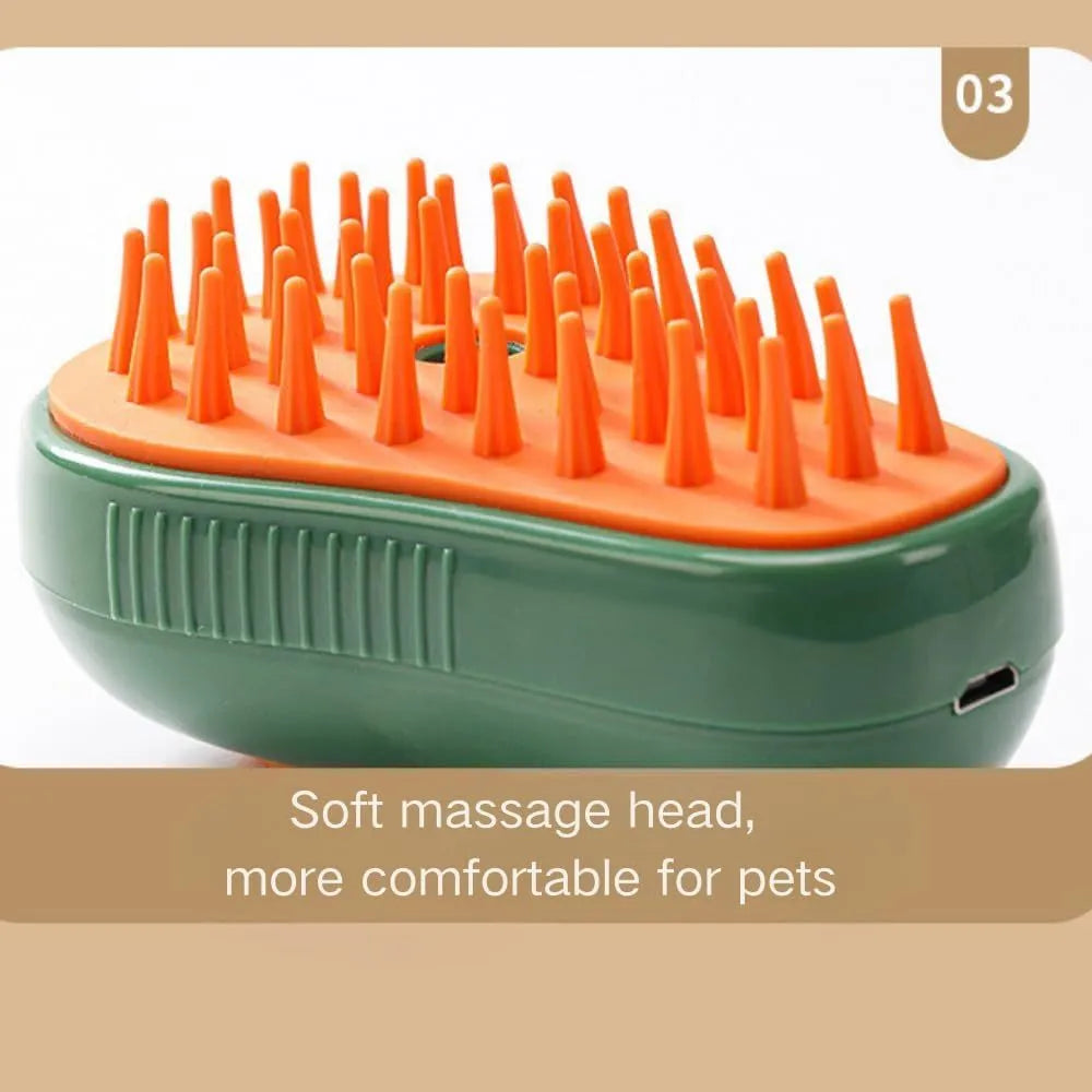 Green and white cat steam brush with water spray function and silicone teeth for pet grooming