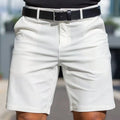 Men's solid colour straight-leg fifth pants in micro-elastic polyester fabric on a hanger.