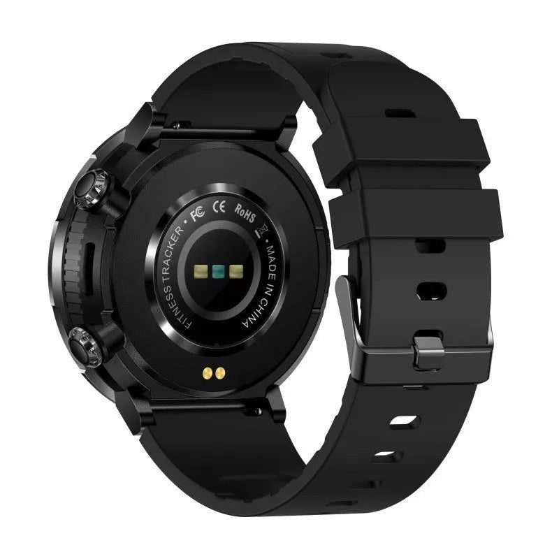 T30 Smart Watch with black silicone strap showing 52mm IPS touch screen displaying time and heart rate.