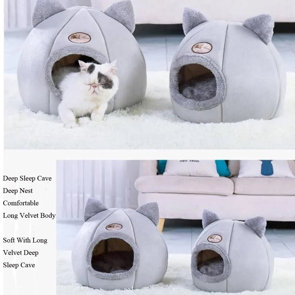 Large beige fully enclosed cat sofa winter nest with warm lining