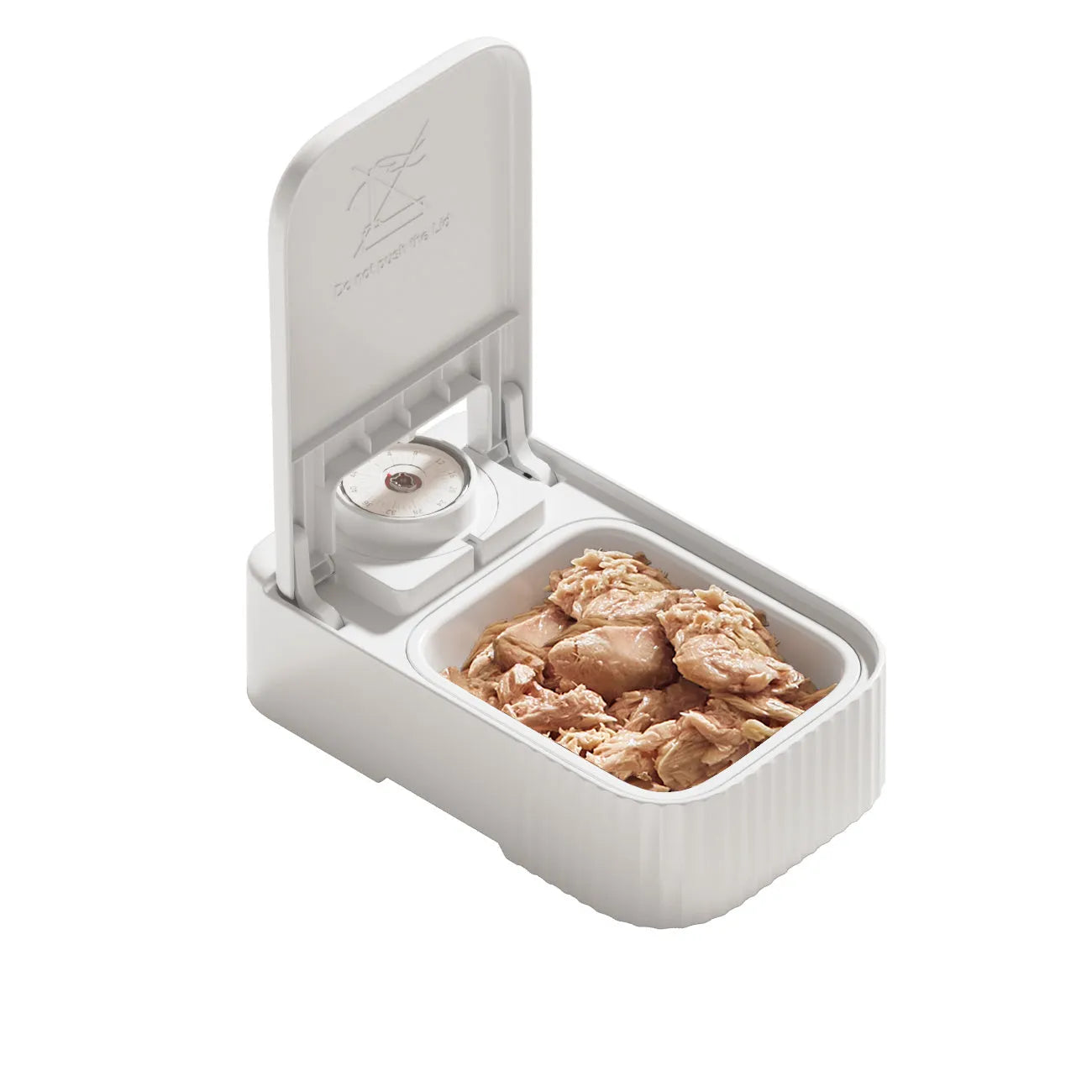 White pet automatic feeder with timer display and removable ice crystal cooling box underneath.