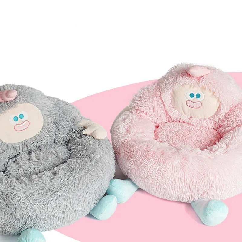 Grey and pink thick plush pet nest beds for cats and dogs in three sizes.