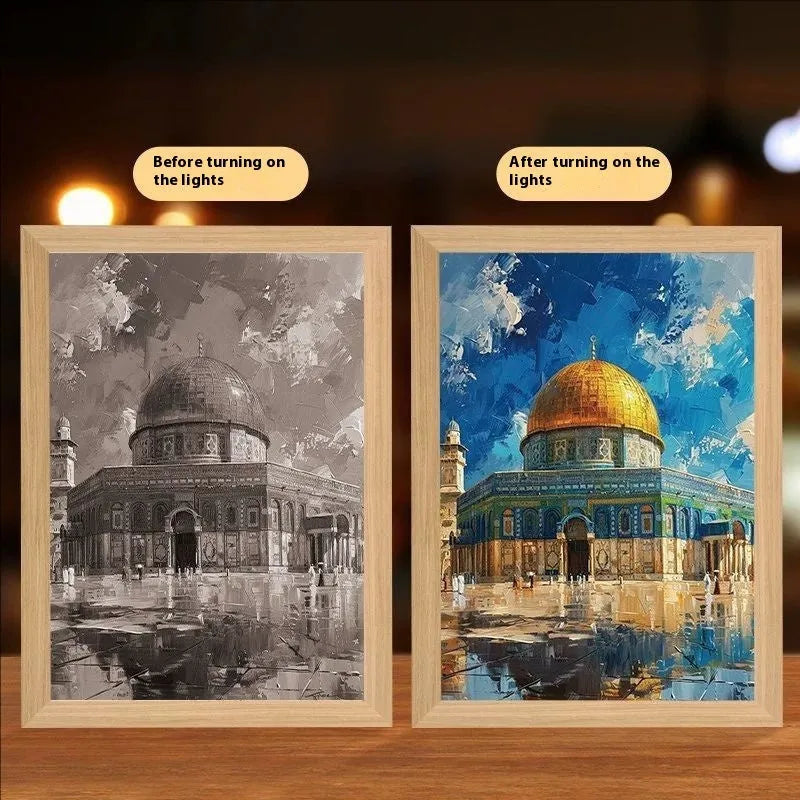 Modern rectangle light painting photo frame with illuminated religious nature artwork on man-made board