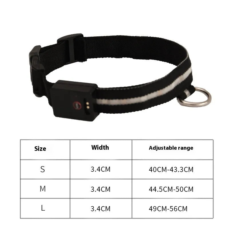 Black LED luminous dog collar with cartoon pattern and attached hand rope for walking
