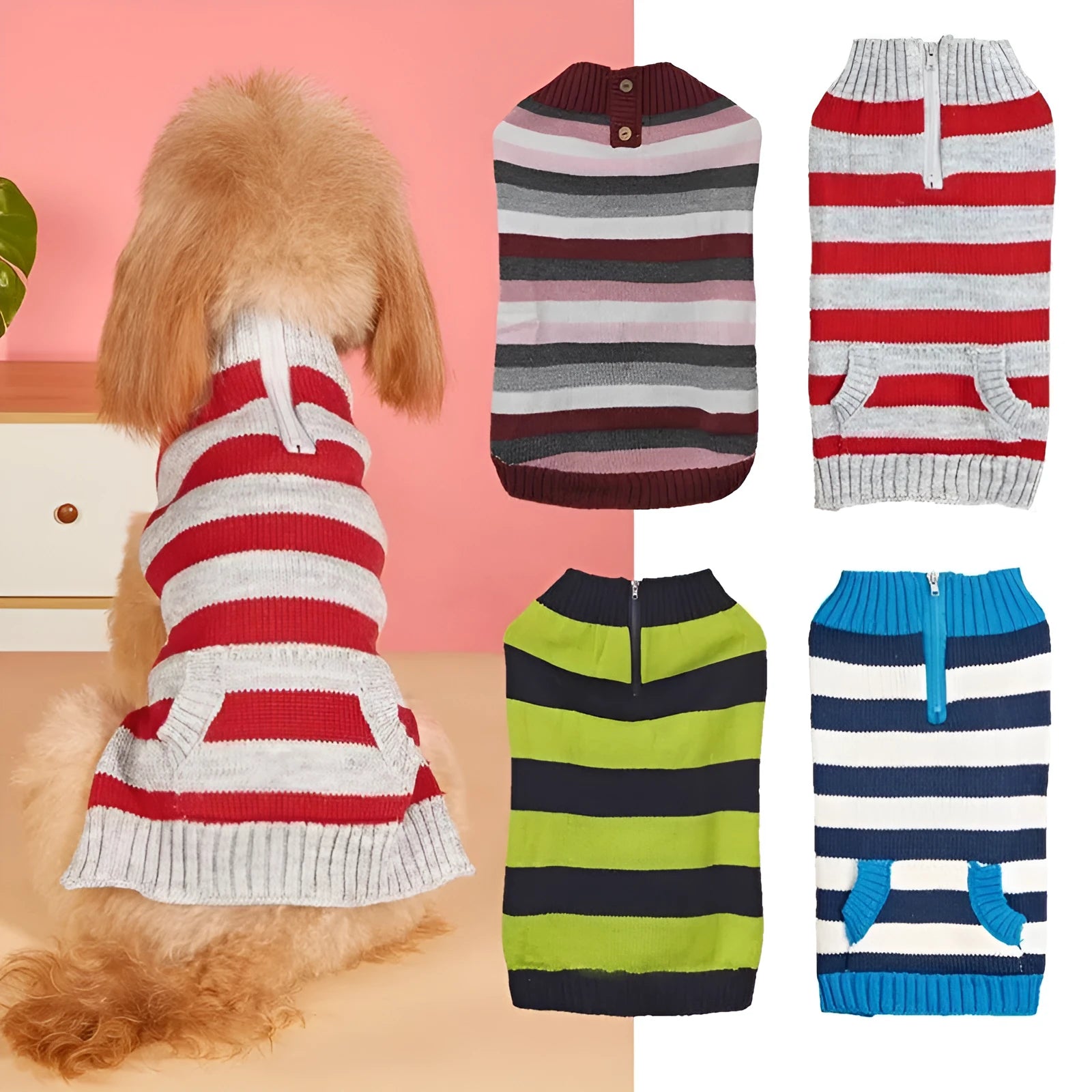 Grey acrylic dog jumper with a horizontal front zip and a green button pocket on a small dog.