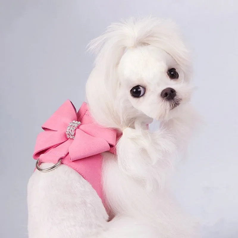 Cute fashion bowknot puppy chest strap in microfiber, shown in pink, blue, and orange colours.