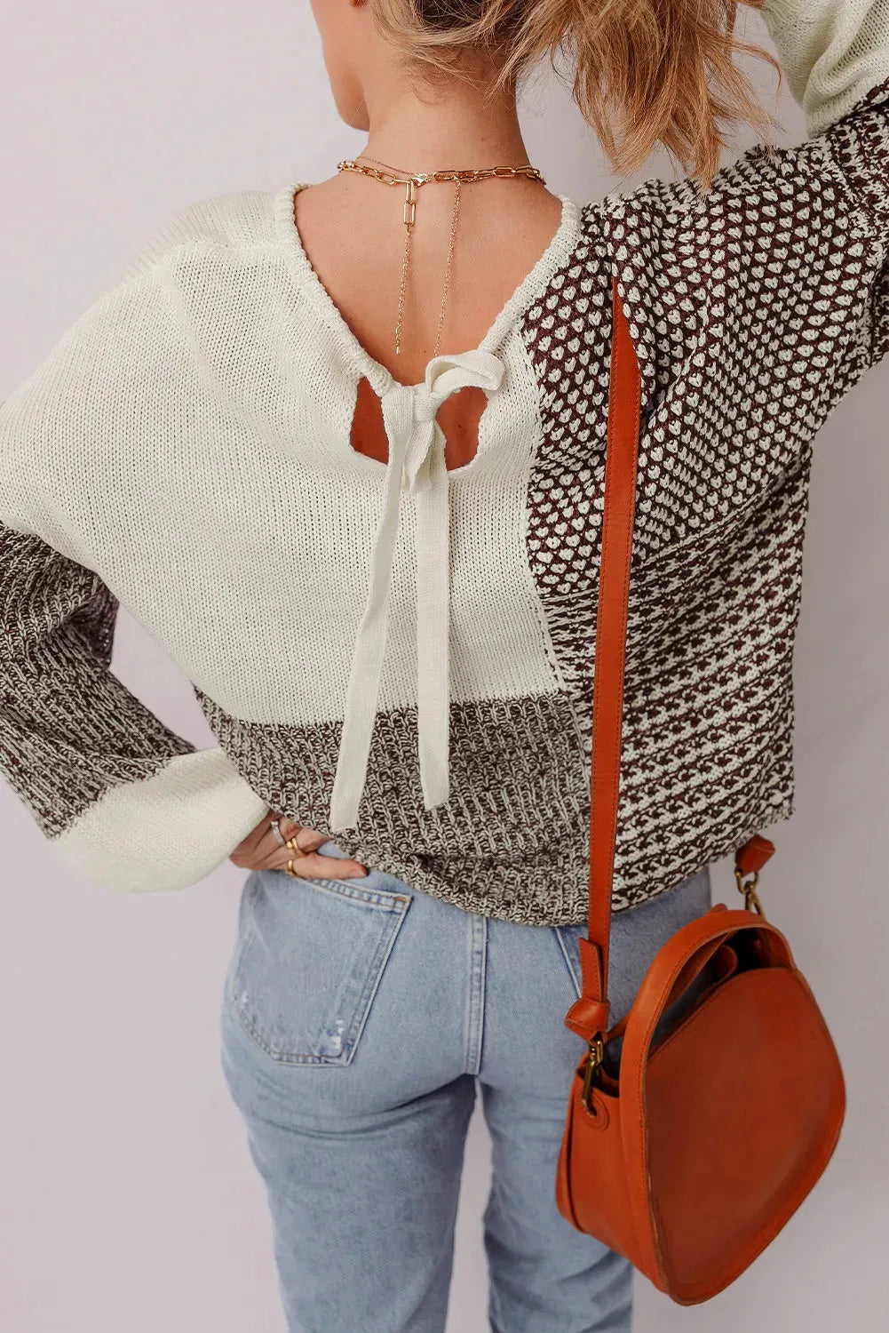 Dark khaki colour block loose sweater with long sleeves and a back tie fastening