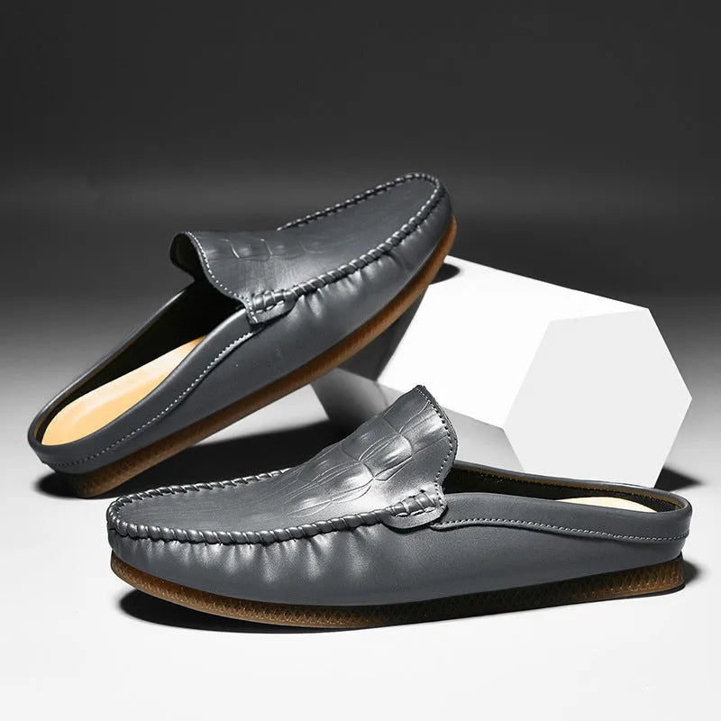 Men's black breathable gommino semi-slippers with a rubber sole and artificial PU upper.