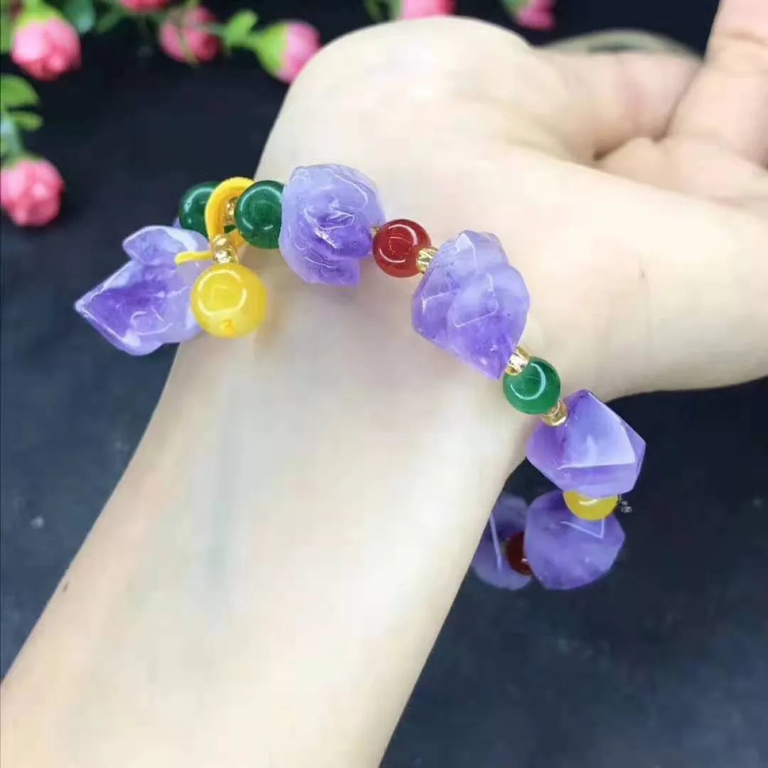 Natural shaped amethyst bead bracelet with traditional fu character charm for women
