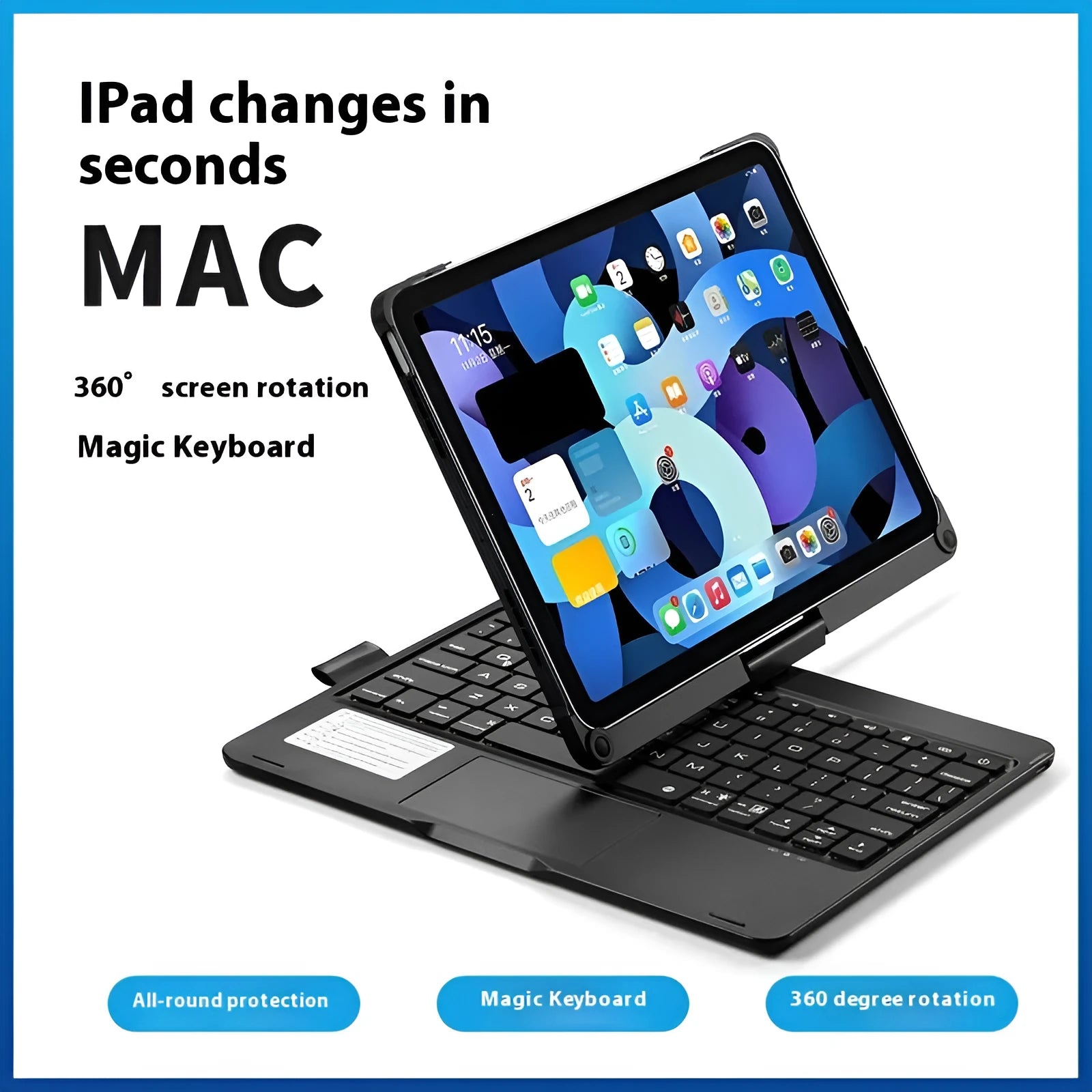 Miaocontrol 360-degree rotating Bluetooth keyboard for iPad Air and Pro tablets in black, rose gold, silver colours