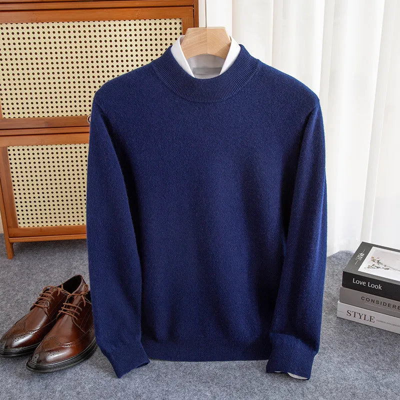 Men's loose fit half-collar sweater in chunky wool knit, shown in camel colour.