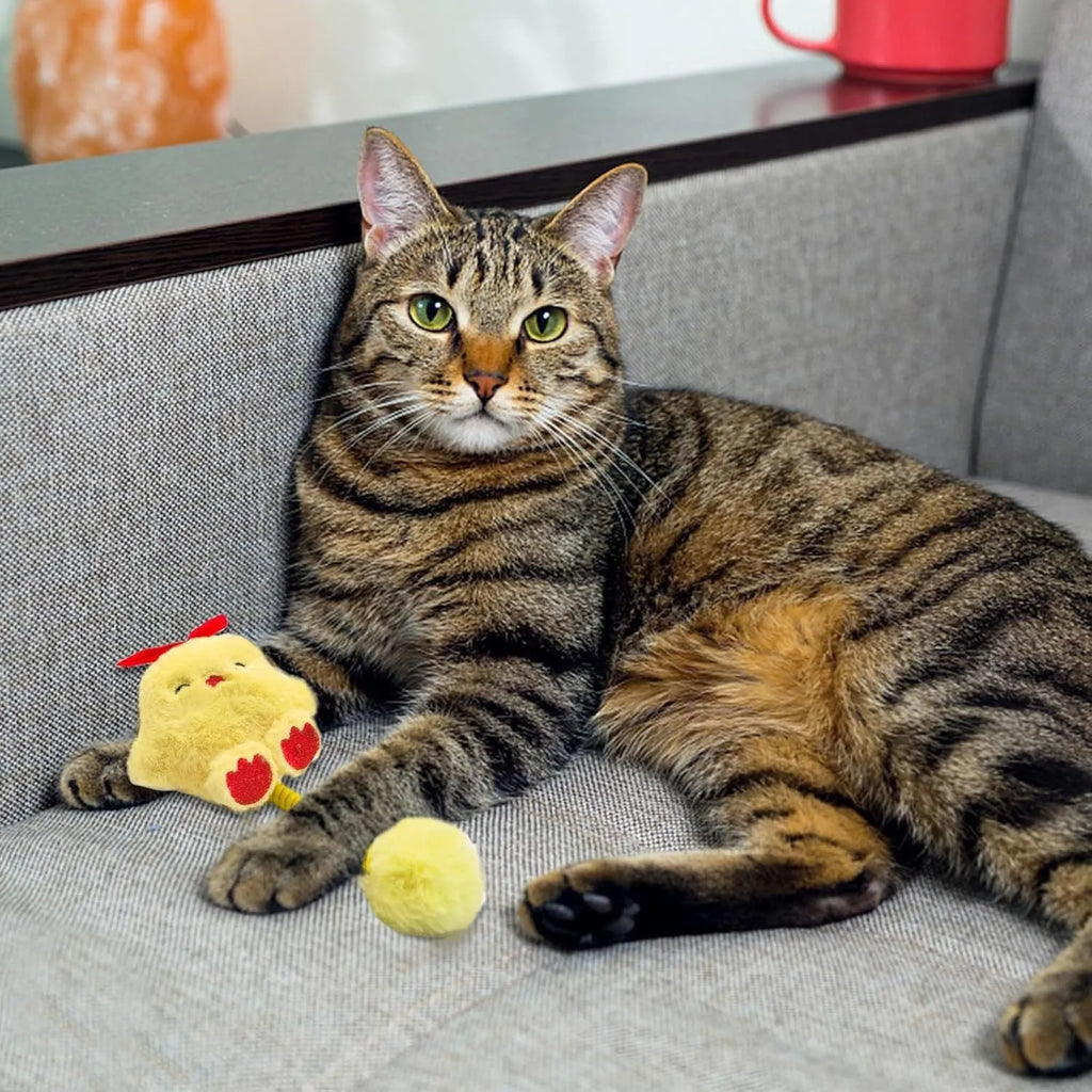 Plush cat toy with silvervine fruit, flexible spring, and fuzzy ball in animal design options