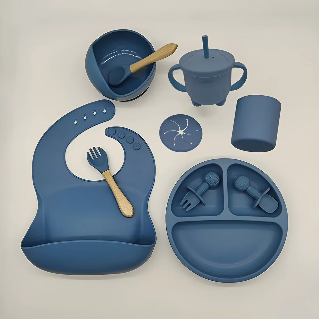 Baby silicone tableware set 10-piece simple style dark pink