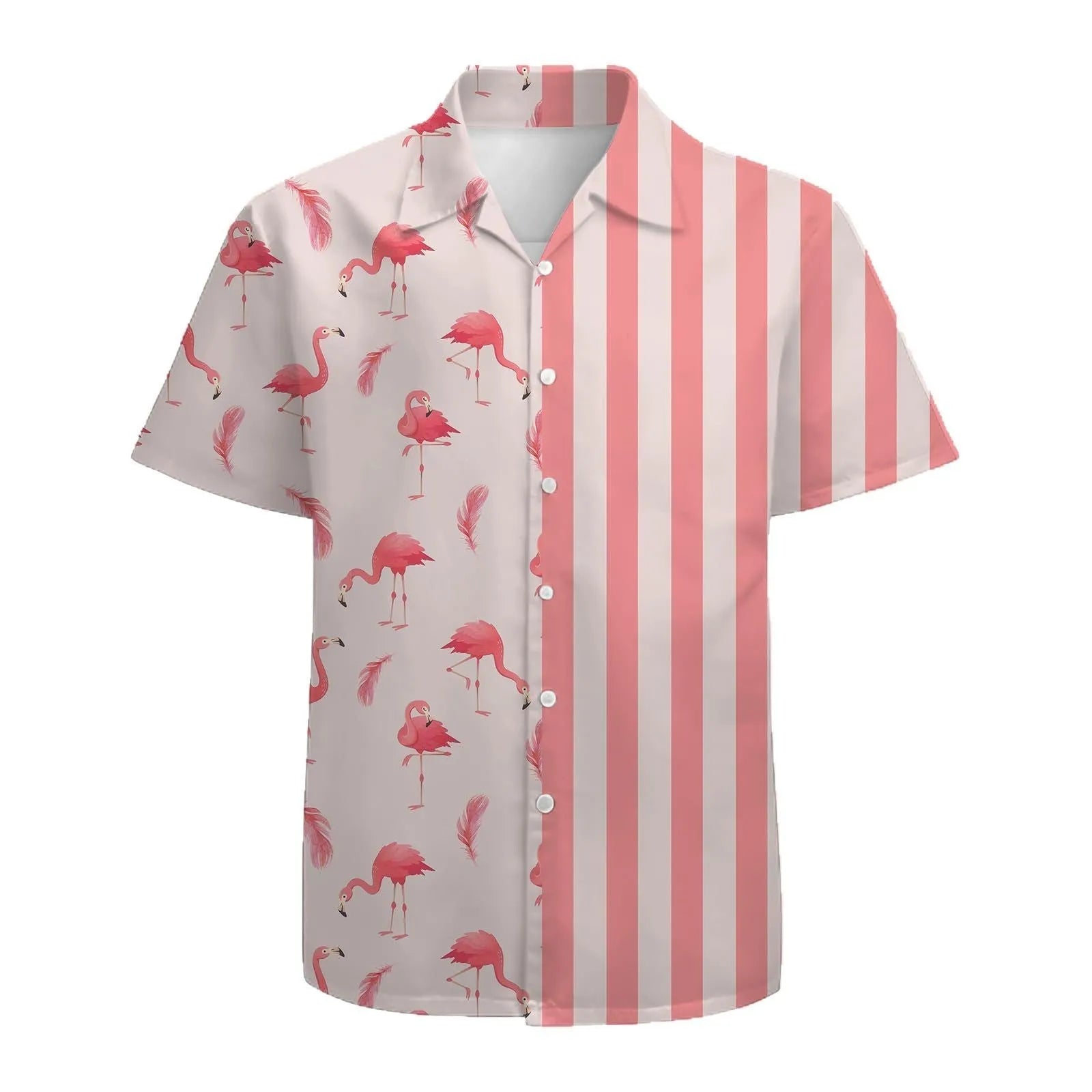 Men's striped short sleeve shirt with stand collar in loose cardigan style for summer