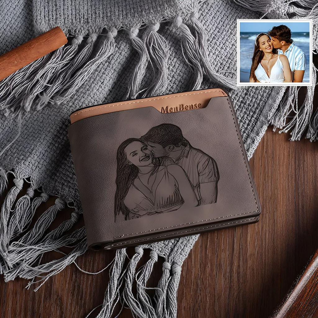 Coffee colour engraved horizontal short wallet showing seven card slots and custom text personalisation option