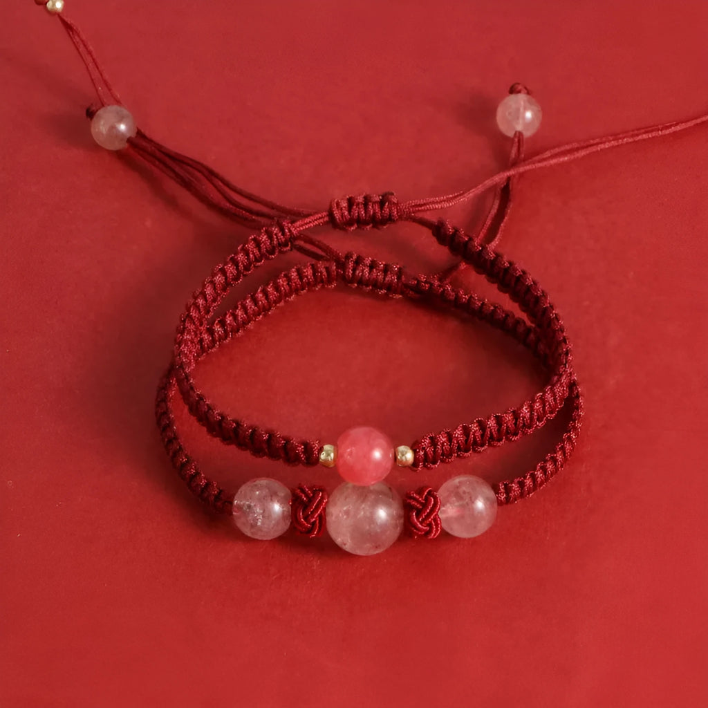 Woven red rope bracelet with spherical natural stone beads and alloy clasp
