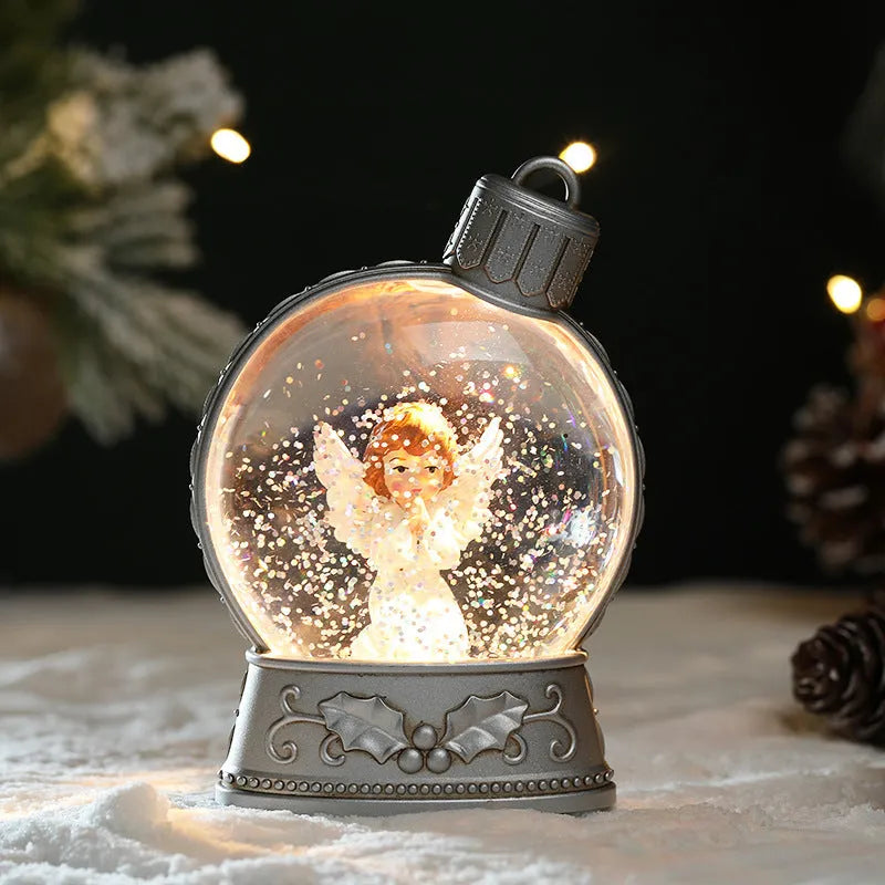 Battery-powered flat LED Christmas light decoration showing four plastic craft designs