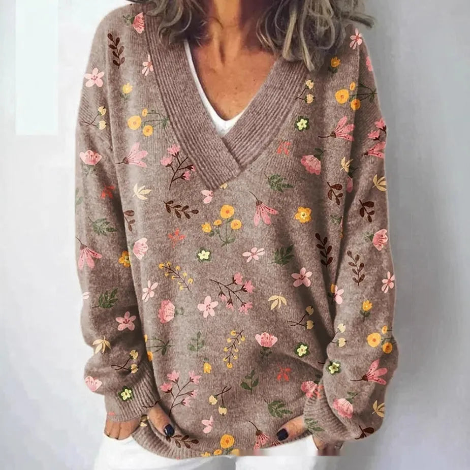 Women's V-neck sweatshirt with 3D floral pattern print in art retro style