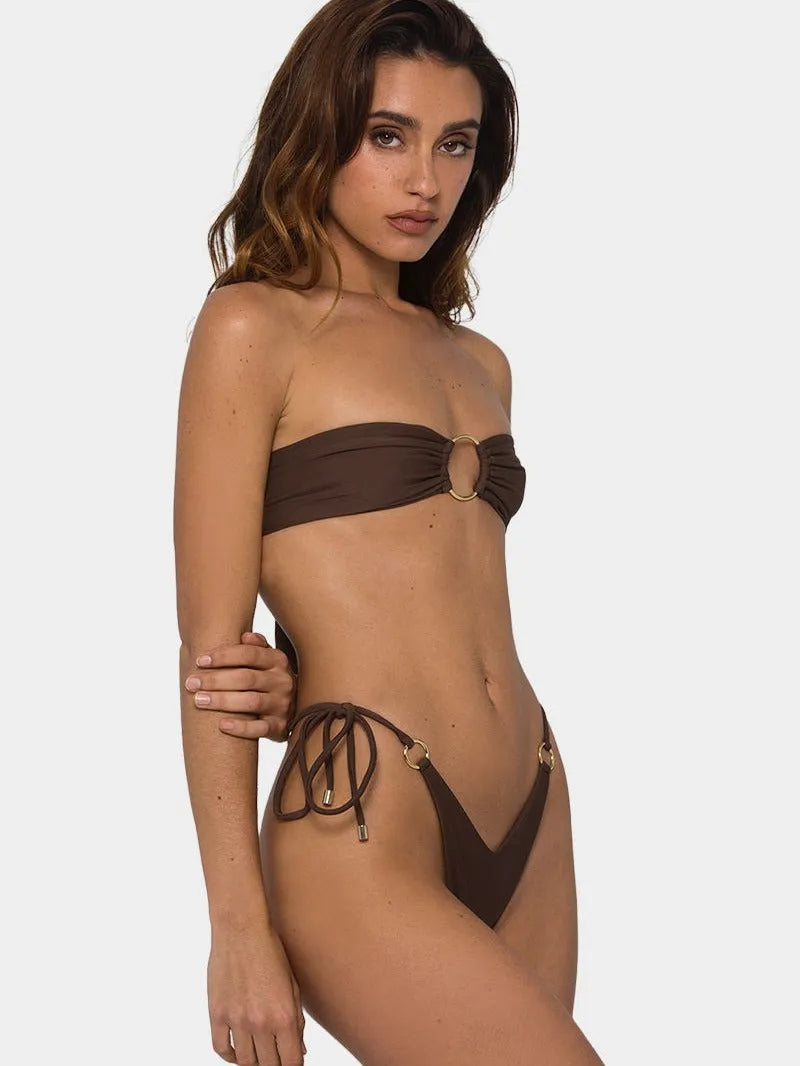 Brown women's tube top push-up split bikini swimsuit on a mannequin.