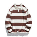 Hong Kong style striped lapel polo shirt in pearl cotton, shown in loose fit on a model.