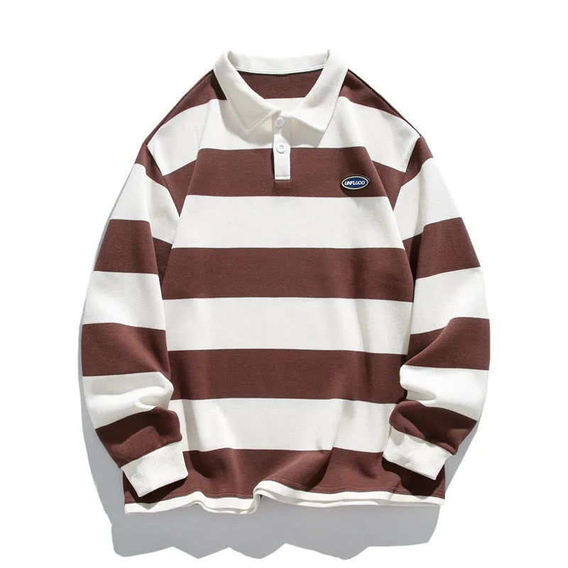 Hong Kong style striped lapel polo shirt in pearl cotton, shown in loose fit on a model.