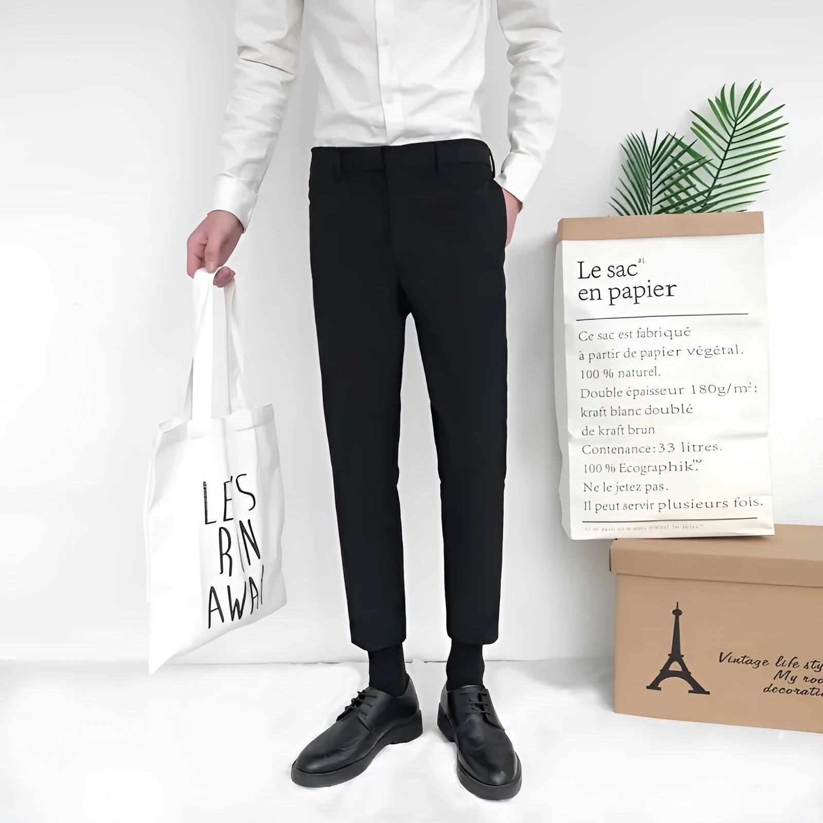 Men's slim straight cotton trousers in black, grey, or khaki with drawstring waist