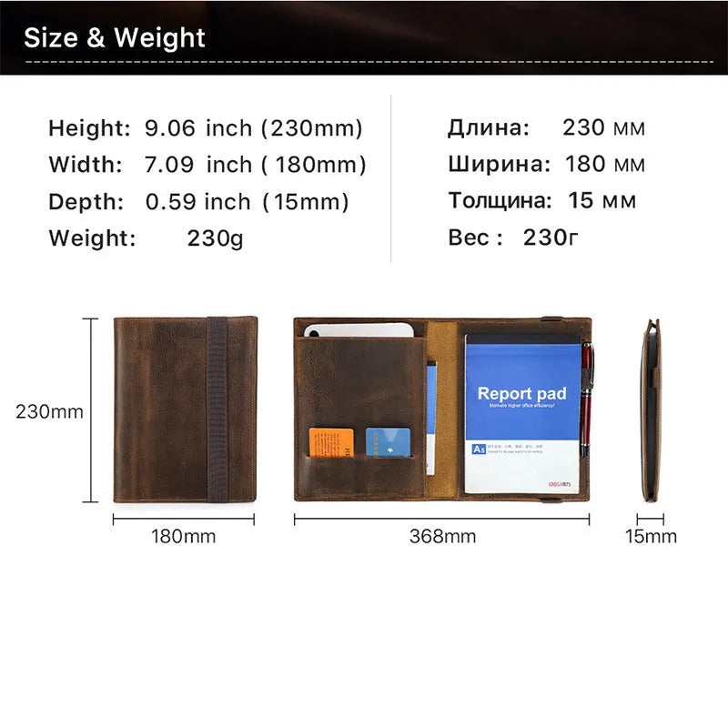Brown Crazy Horse leather A5 notebook protective sleeve with socket-style closure