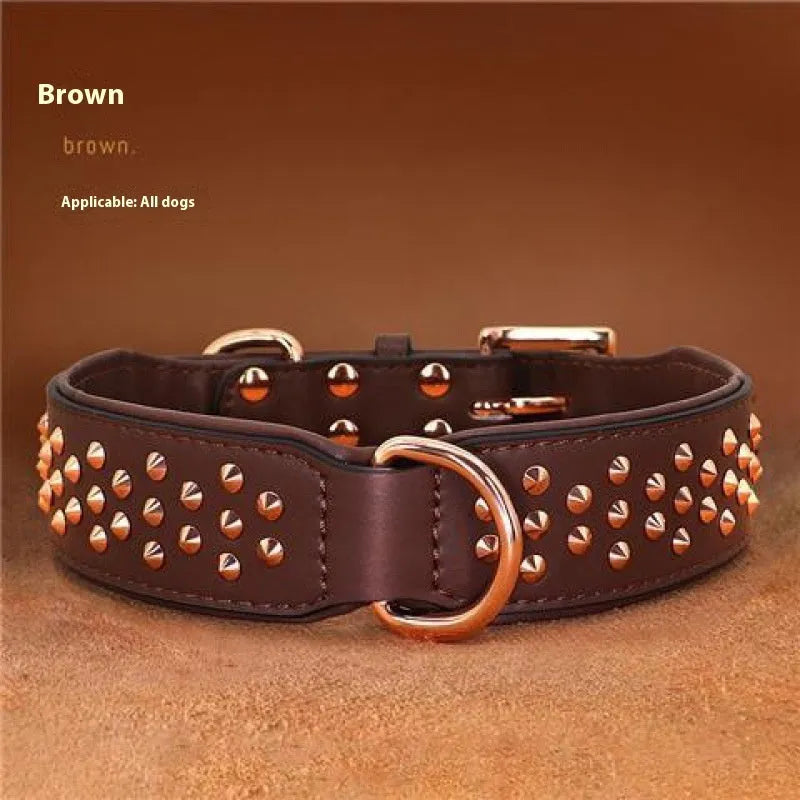 Leather dog collar with metal rivets, shown in black, chocolate, or pink, sized for large dogs.