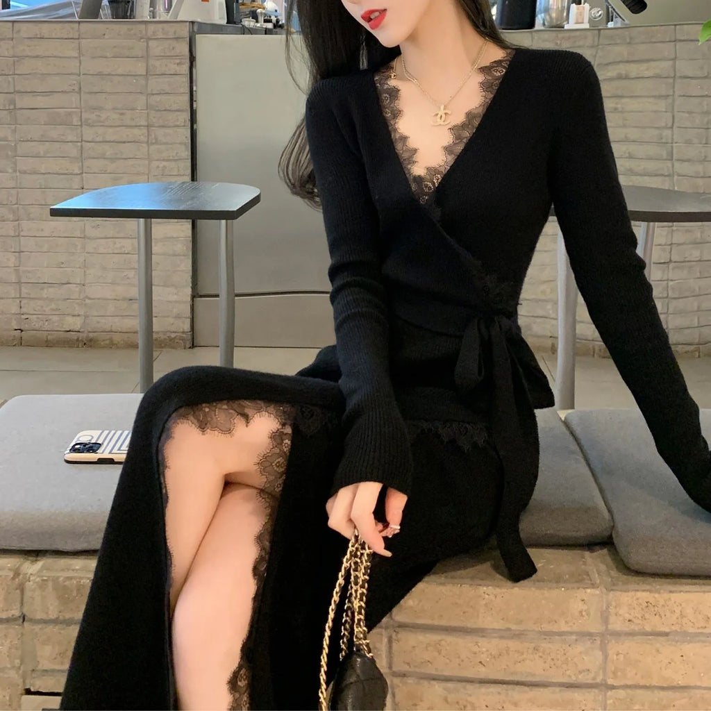 Black women's slim-fit woolen skirt in a princess dress style on a hanger.