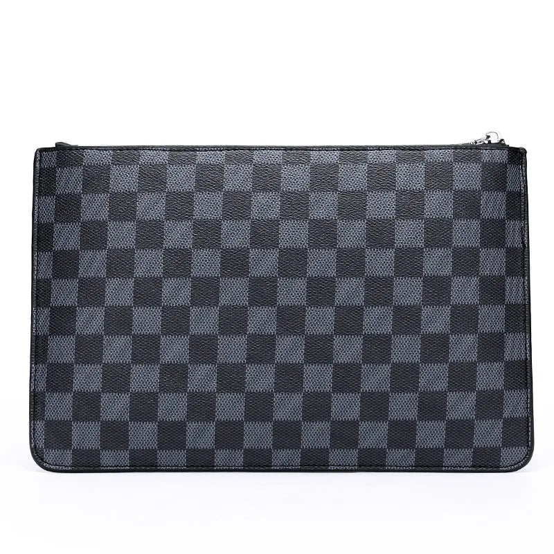 Men's black and brown PU leather clutch wallet showing card slots and zipper pocket