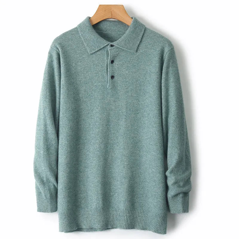 Men's grey polo collar pullover sweater on a hanger, showing long sleeves and knit texture.