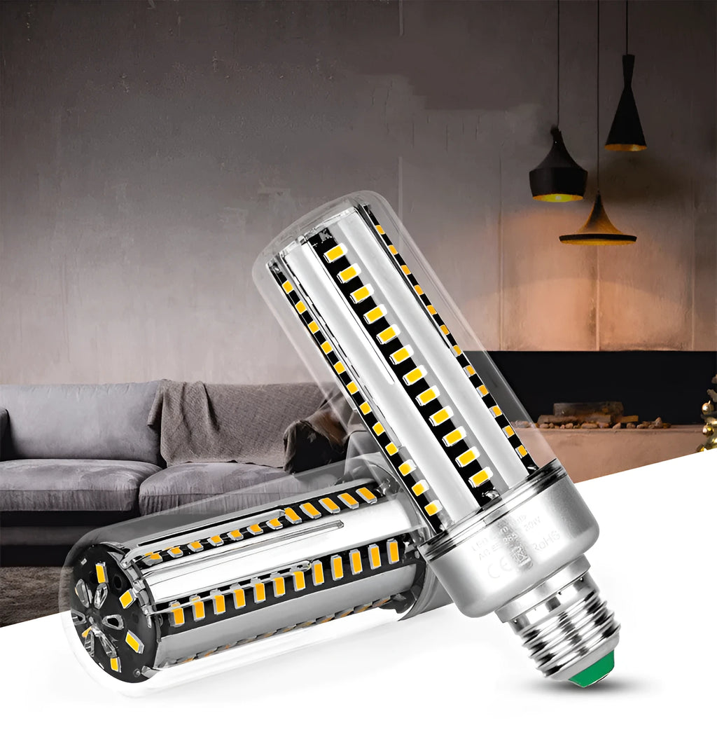 Silver aluminium LED corn lamp with multiple LED chips, showing E27 screw base.