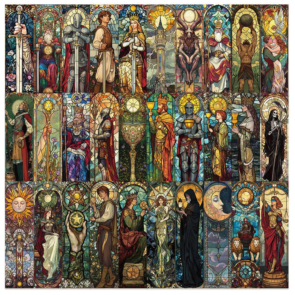 Set of 30 colourful hand-painted tarot card design paper bookmarks laid out flat.
