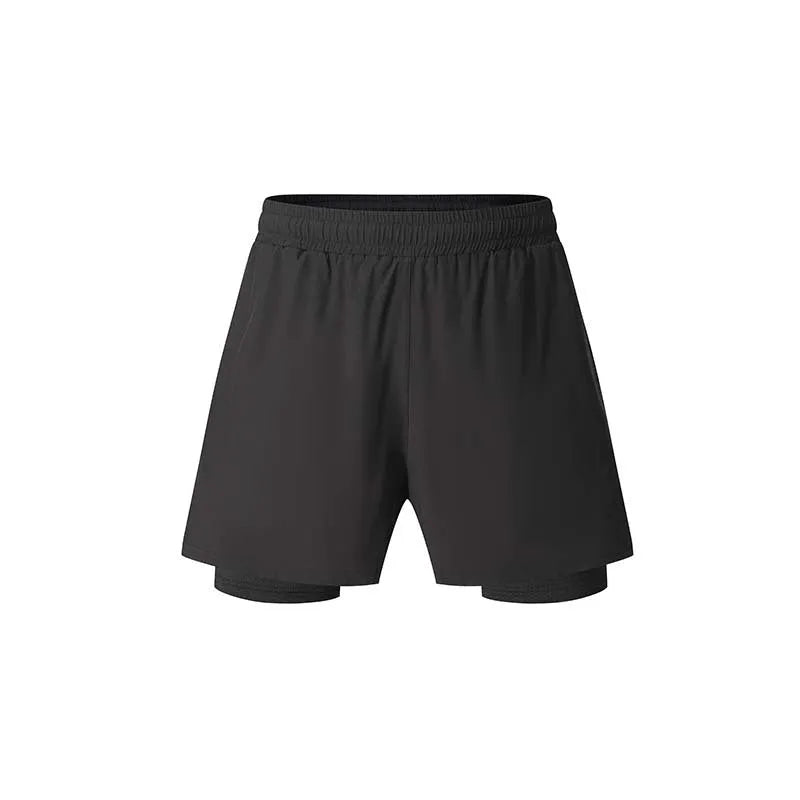 Men's double-layer sports shorts in black, dark grey, or light blue with quick-drying lining and high elastic waist