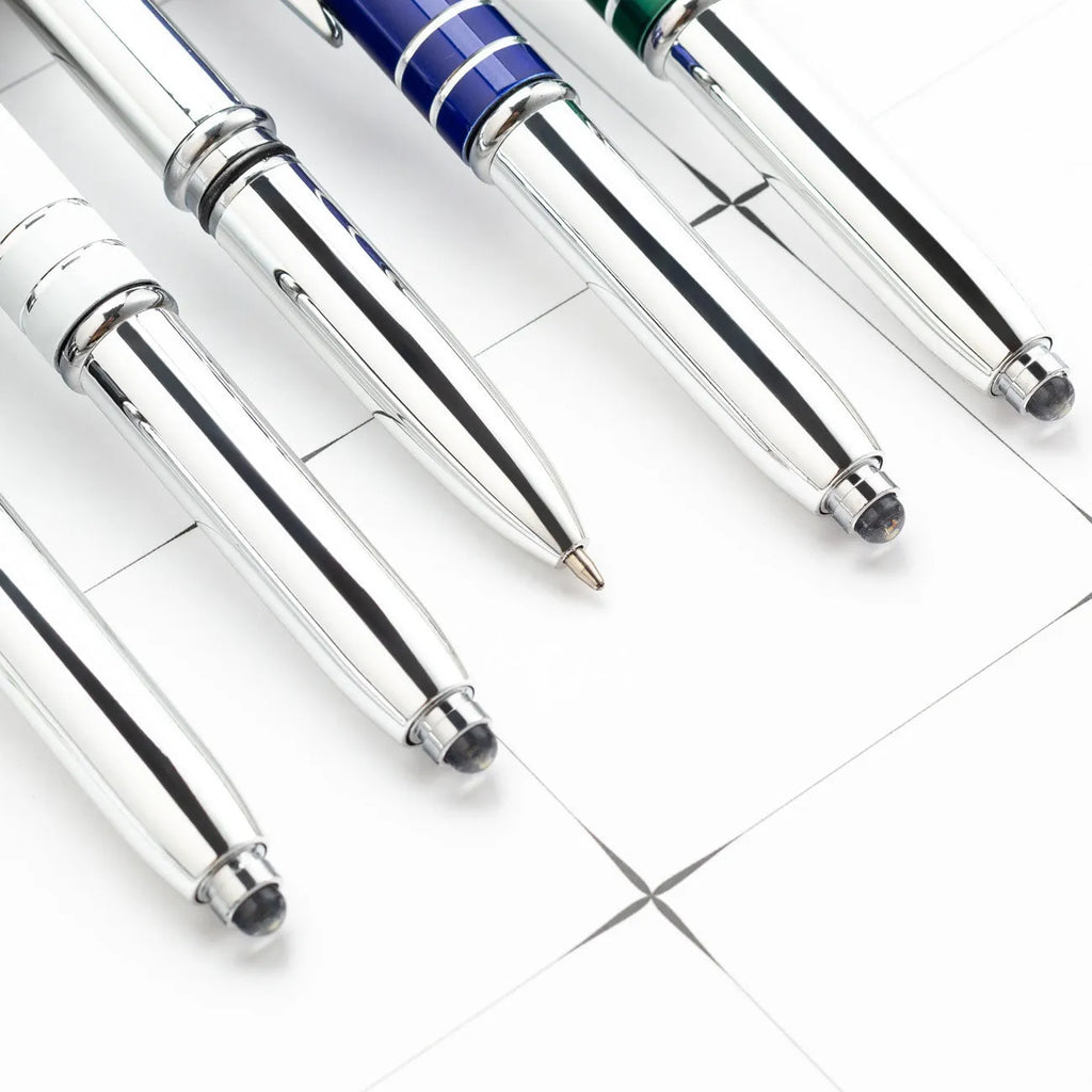 Multifunctional metal pen with capacitive stylus tip, LED light, and five colour options for office use