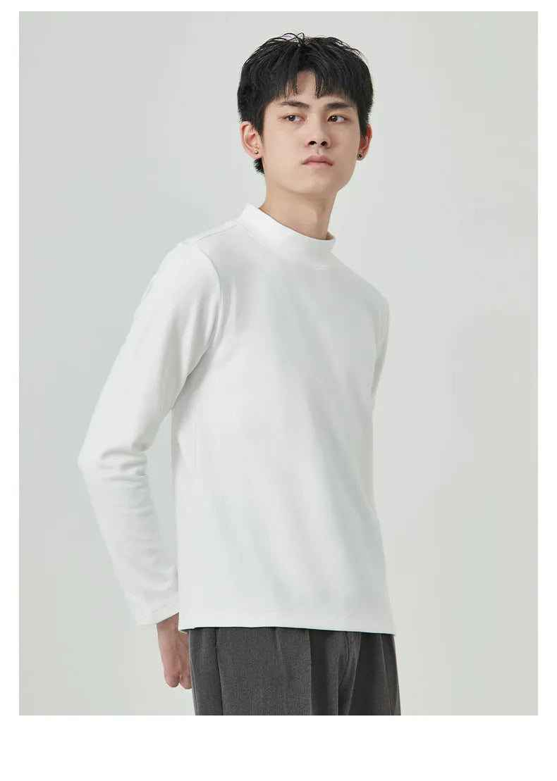 Man wearing a beige half-high collar long-sleeved T-shirt for casual autumn winter wear