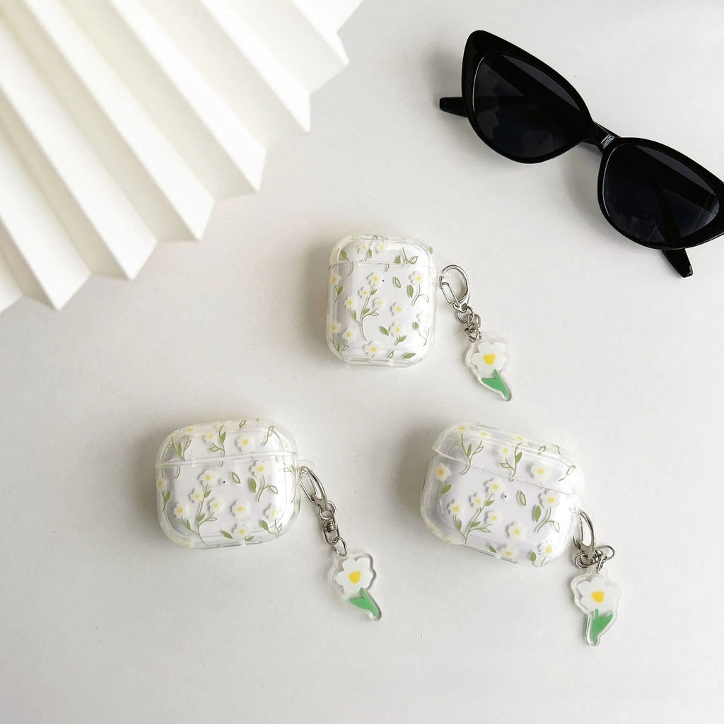 Transparent TPU Bluetooth headset protective cover with white floral design for Apple AirPods