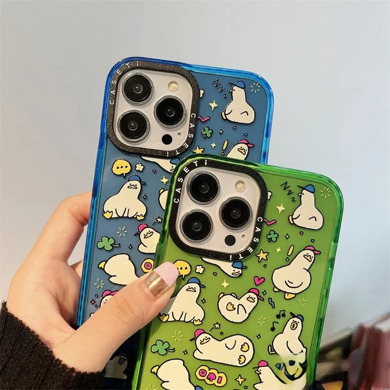 Little Duck Creative drop-resistant PC phone case with cartoon duck pattern and flash acrylic finish in green for iPhone