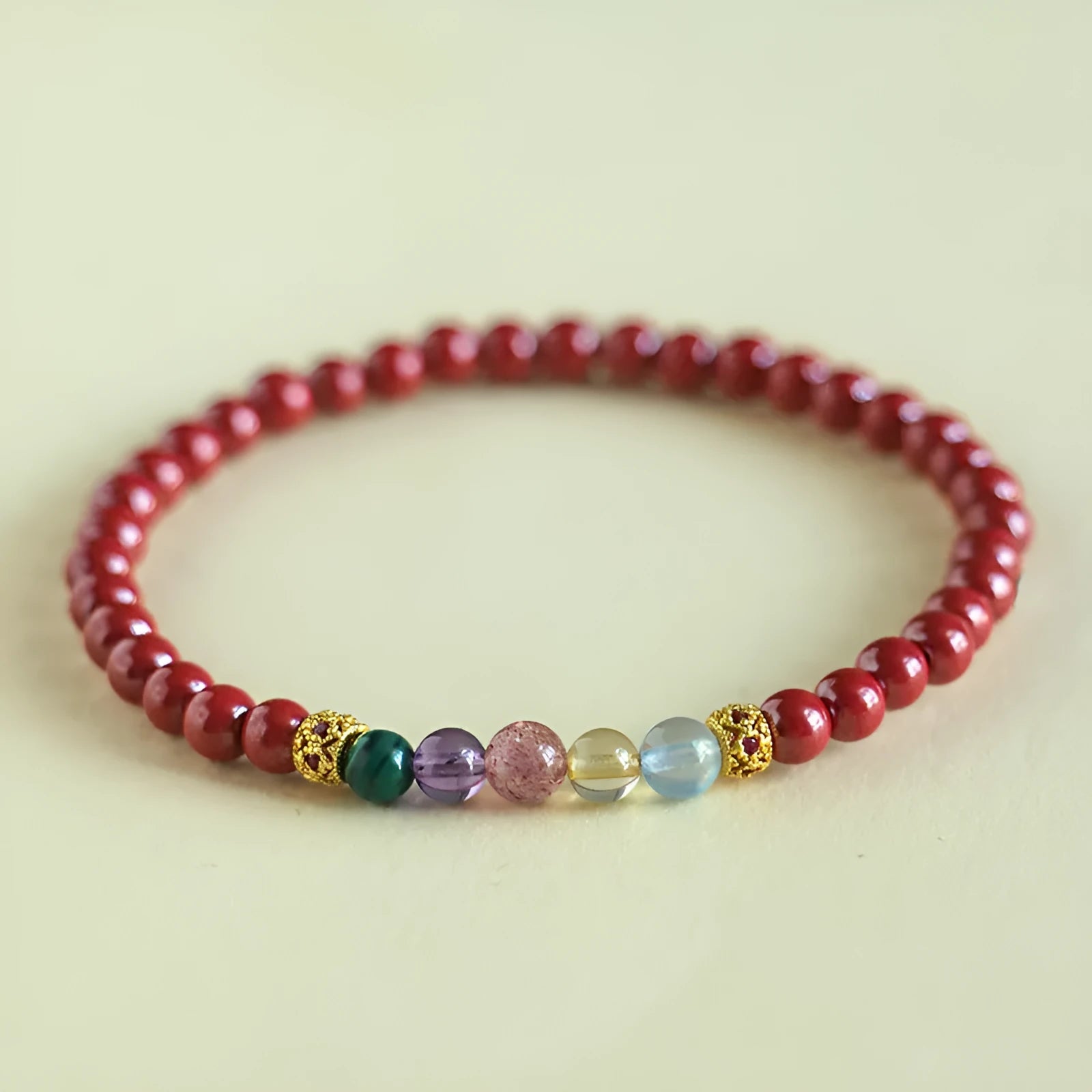 Purple gold sand crystal string beads bracelet showing natural colour variation and handcrafted construction