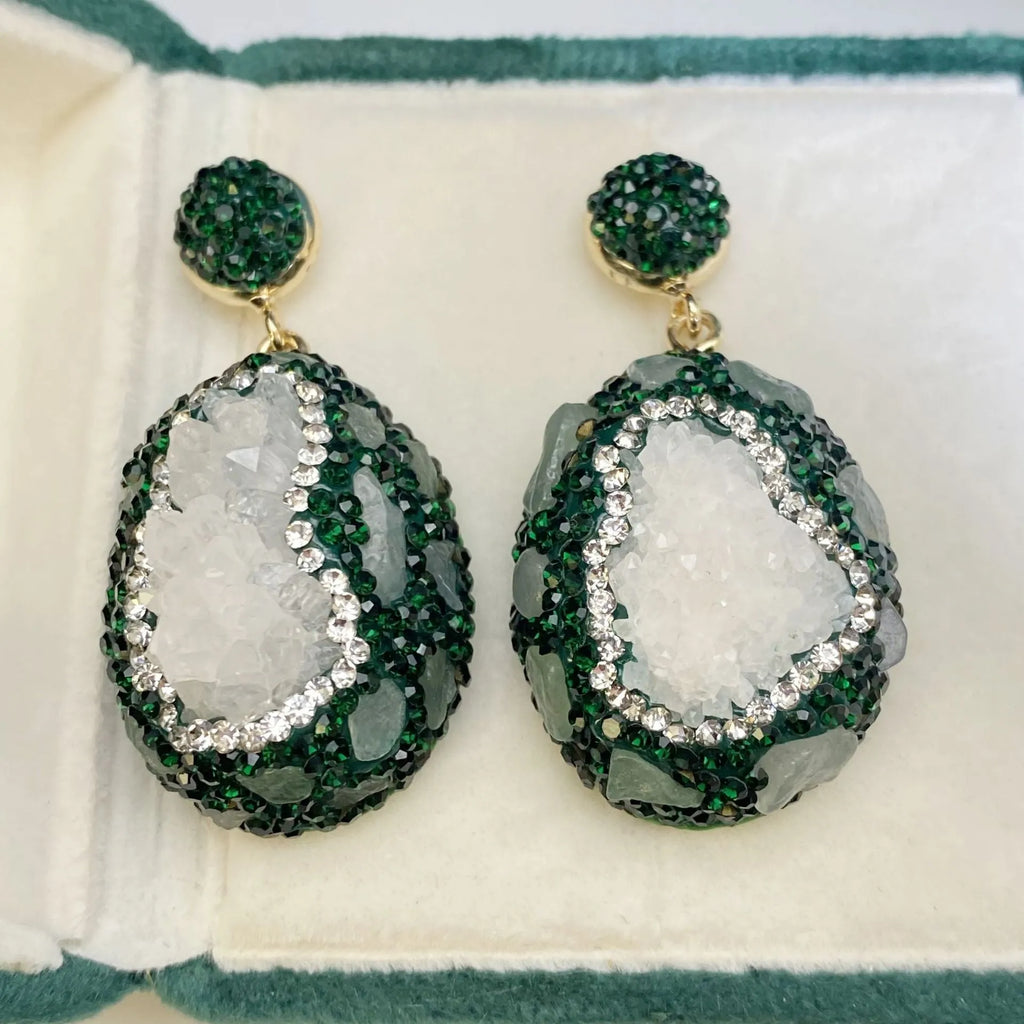 Dark green copper drop earrings with crystal bud and inlaid emerald, geometric style for women