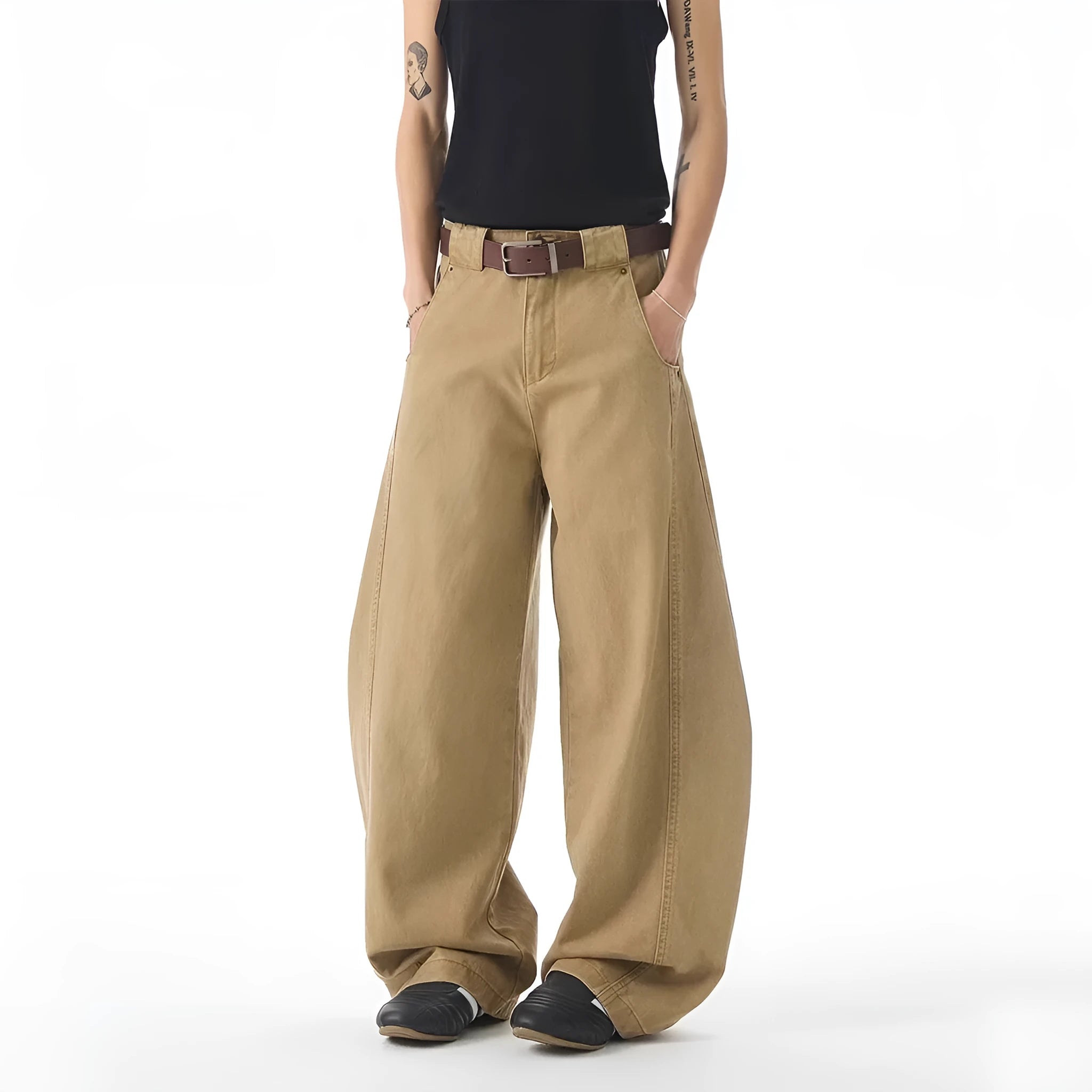 Men's brown loose fit straight leg casual jeans with a button fly and mid waist.