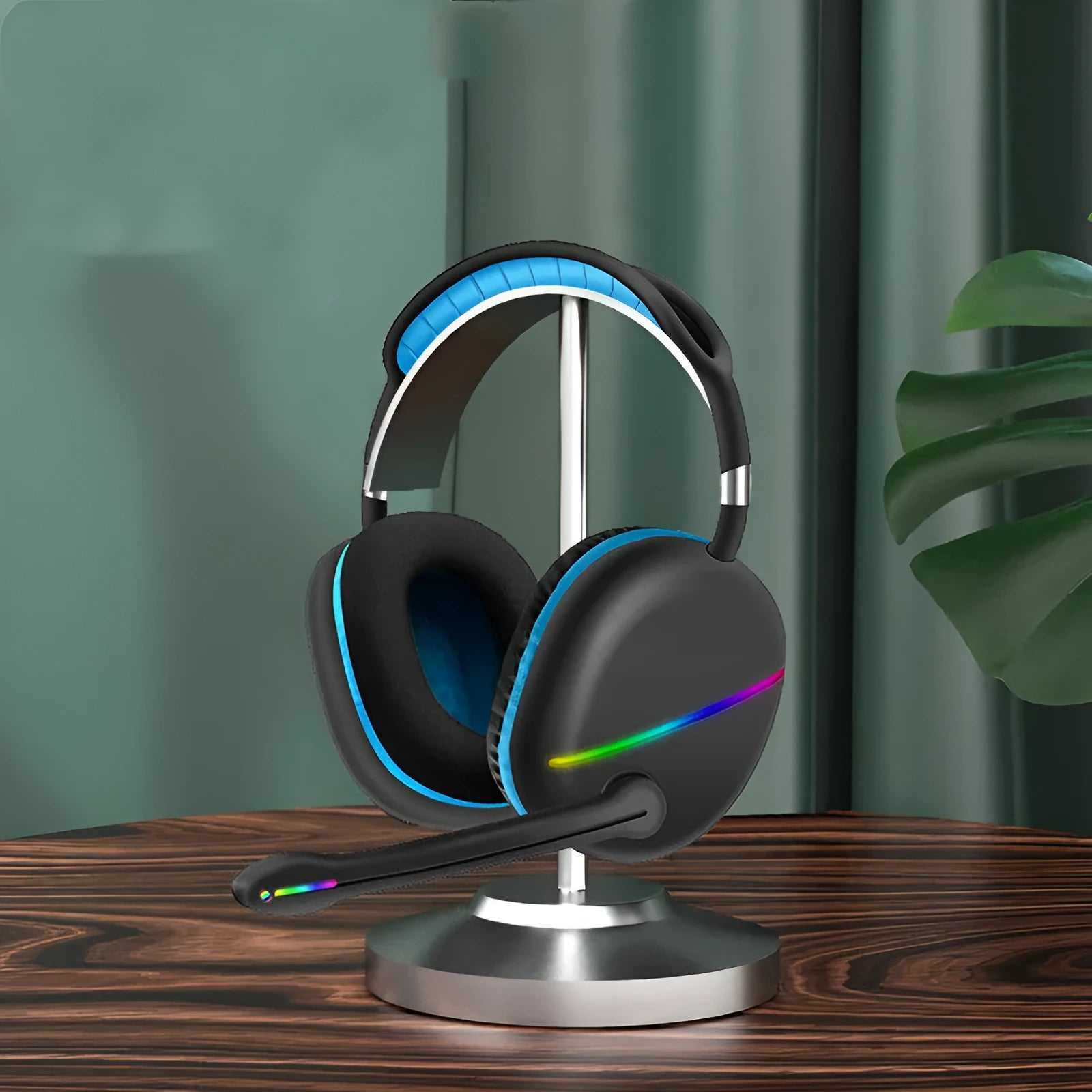 Wireless Bluetooth headset with RGB lighting in blue colour showing ear cup details
