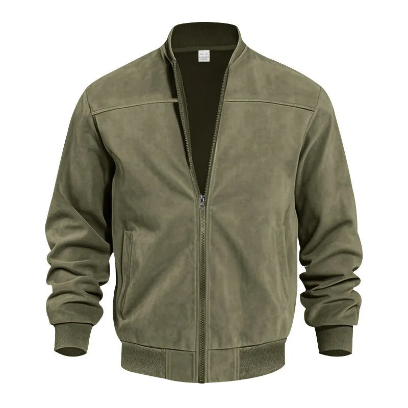 Man wearing a casual army green suede zip-up jacket with a regular fit.