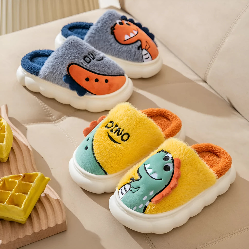 Plush cotton couple slippers with thickened soles in dinosaur-themed colours