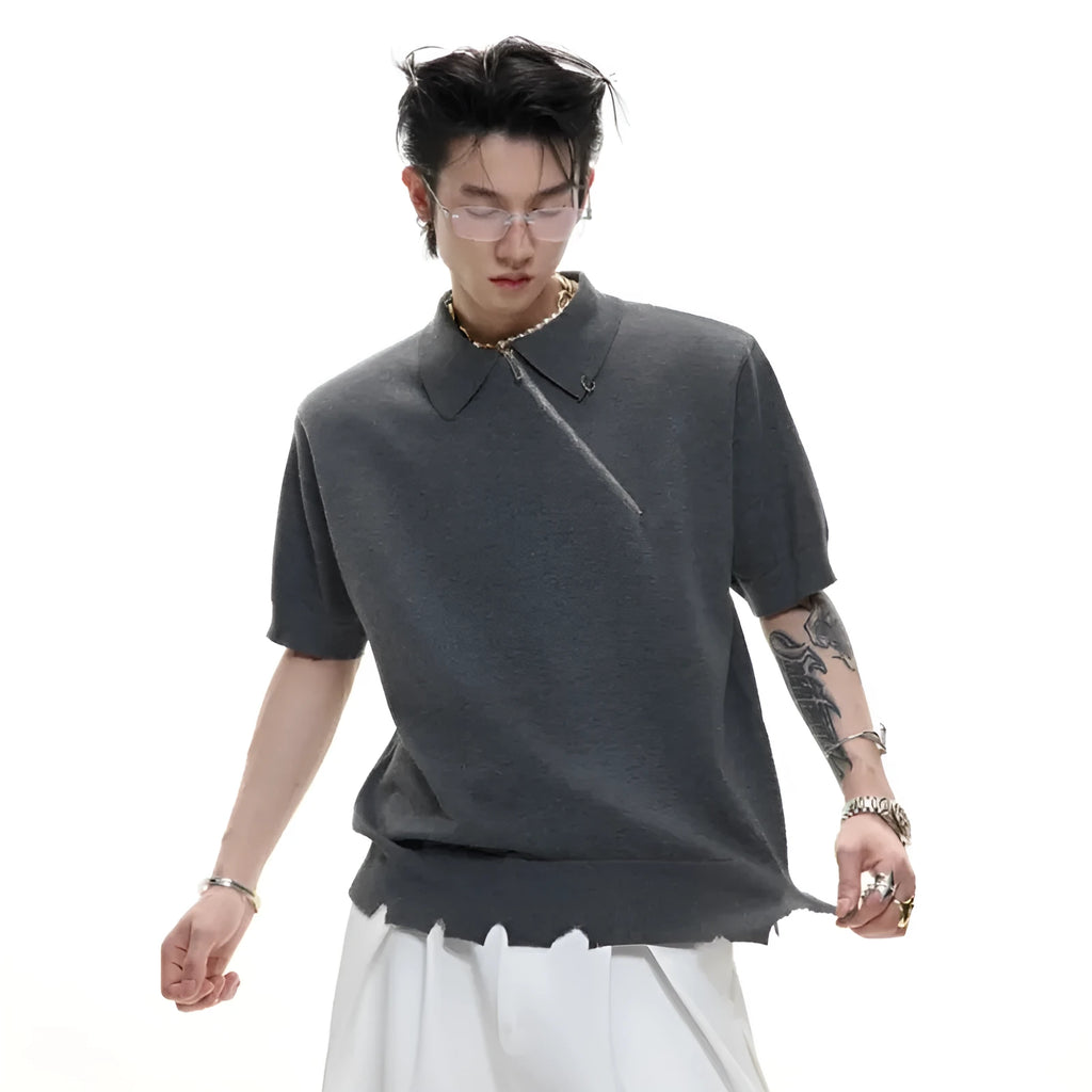 Men's slim-fit knitted polo shirt with oblique zipper collar in black colour