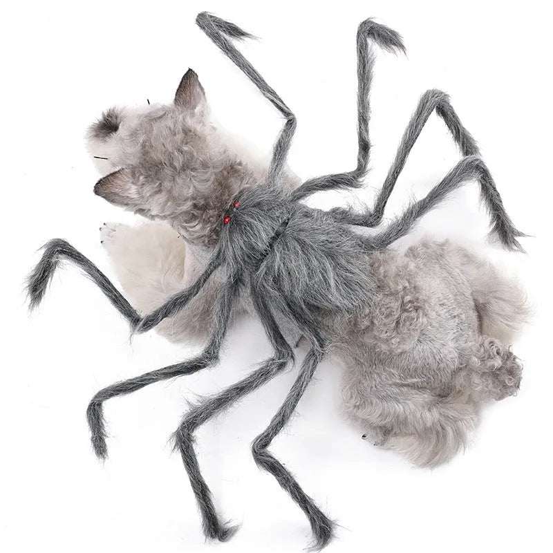 A grey and black spider costume for a small dog, shown from the side.